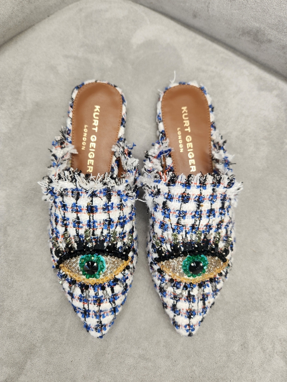 Kurt Geiger Mules 5 Blue White Tweed Plaid Olive Eye Fray Beaded Pointy New $195 - Picture 11 of 17
